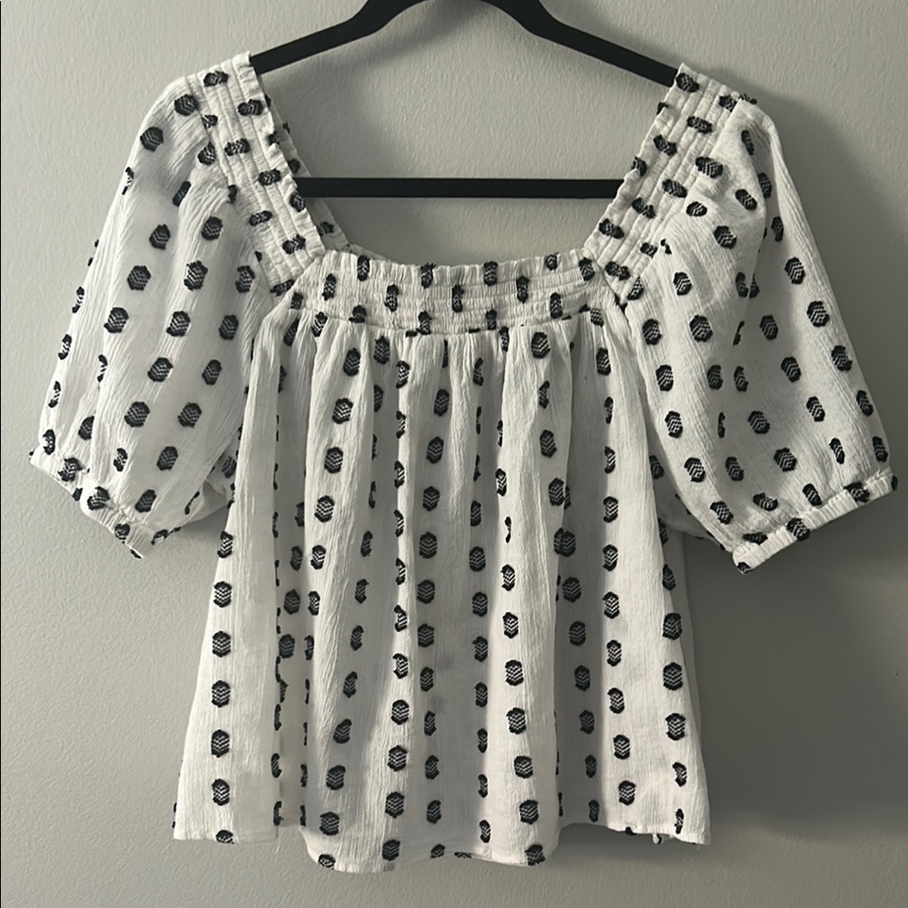 Loft Boho Smocked Neck Puff Sleeve Embroidered Blouse, Size Large